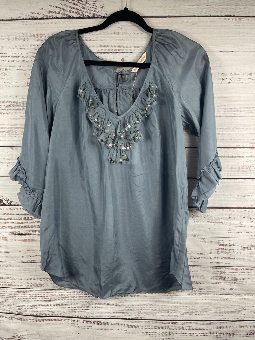 Rebecca Taylor Blouse Women's 8 Blue Silk Sequin Ruffle V Neck Tunic 3/4 Sleeve